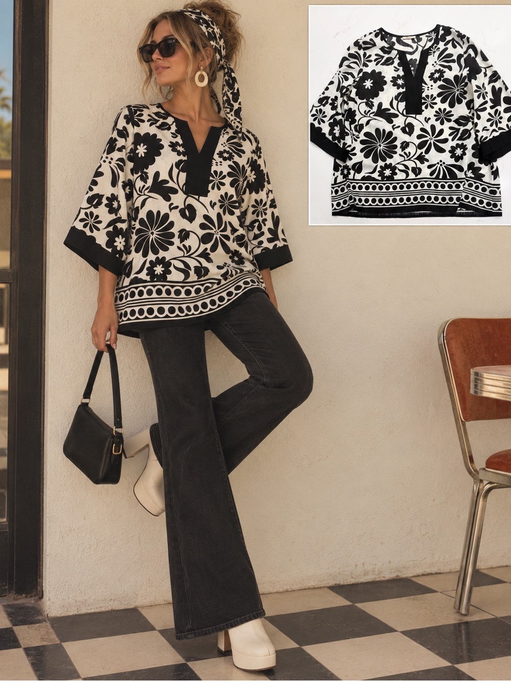 Bebonnie XL Black White Retro Mod Floral Tunic Top